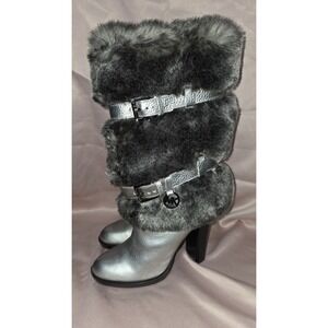 Michael Kors Carlie Gunmetal Boots Faux Fur Double Straps High Heels 6.5